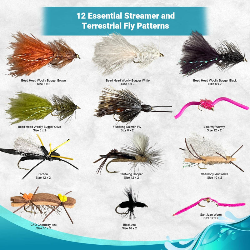 120pc Dry Flies, Wet Flies, Streamers | Essential Fly Fishing Kit with Fly Box and 2 Ebooks
