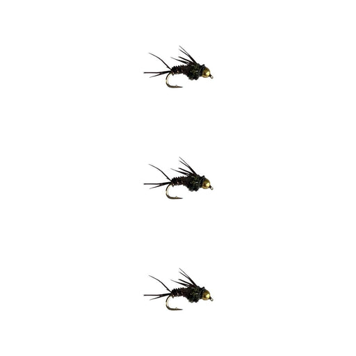 Three black and gold fly fishing lures on a white background