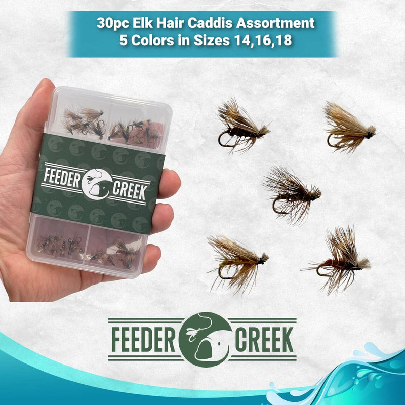 Elk Hair Caddis Flies Assortment | 30pc in 5 Colors and 3 Sizes | Fly Box