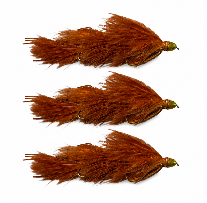 Peanut Envy brown 3 pack on a white background.  Fly fishing articulated streamers.