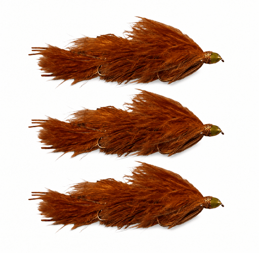 Peanut Envy brown 3 pack on a white background.  Fly fishing articulated streamers.