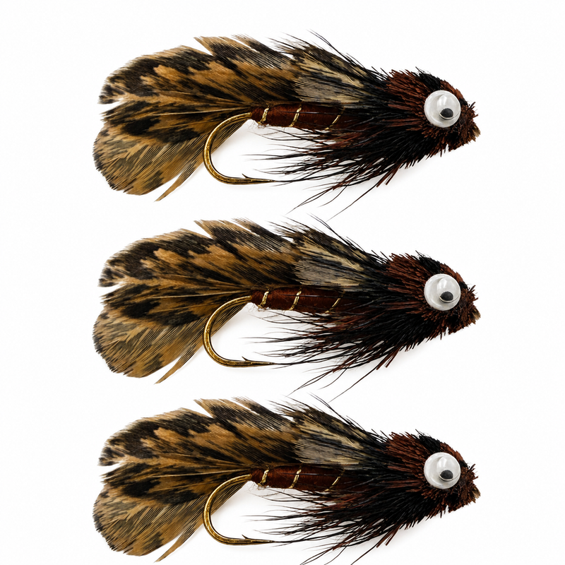 Brown sculpin 3 pack of streamers set against a white background