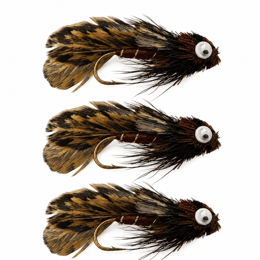 Brown sculpin 3 pack of streamers set against a white background