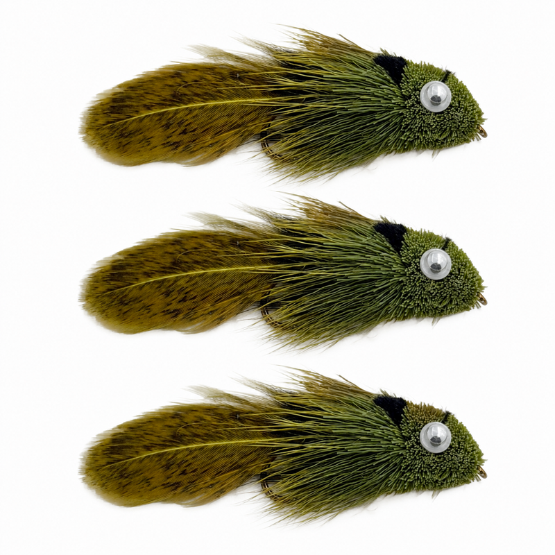 Three olive green and brown fly fishing lures with realistic feather bodies and clear eyes, arranged vertically on a white background.
