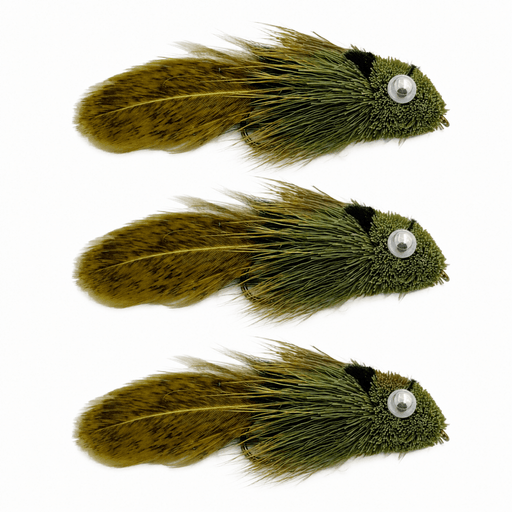 Three olive green and brown fly fishing lures with realistic feather bodies and clear eyes, arranged vertically on a white background.