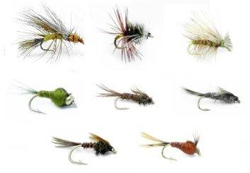 Feeder Creek Fly Fishing Assortment - 32 Hand Tied Fishing Flies - 8 Patterns Wet and Dry Flies - Feeder Creek