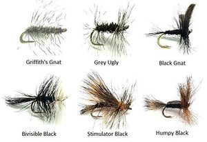 Feeder Creek Fly Fishing Assortment - Two Dozen Flies in 6 Trout Crushing Patterns of Dry Flies (Griffith's Gnat, Grey Ugly, Black Gnat, Black Humpy, Bivisible Black, Stimulator Black) Sizes 12-14