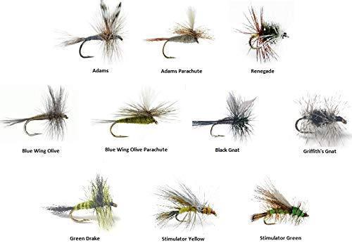 Dry Fly Assortment - 60 Flies in 10 Patterns Sizes 14-18 (Adams, Blue Wing Olive, Stimulator, Drake and More)