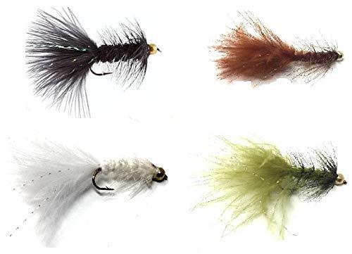 Bead Head Wooly Bugger Fly Fishing Flies for Trout and Other Freshwater Fish - 36 Wet Flies - 3 Size Assortment 6, 8, 10 (3 of Each Size) - Black, Brown, White, and Olive