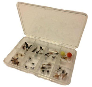Fly Fishing Lures Set with Pocket Size Fly Box - Wet and Dry Variety for Trout and Freshwater Fish - 16 Patterns - Nymph, Emerger, Egg, Adams, Gnat, Caddis, Trico, Humpy and More - Feeder Creek