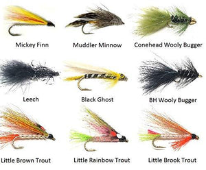 Feeder Creek Fly Fishing Trout Flies -9 Popular Streamer Patterns in Many Colors- 27 Wet Flies - Wooly Bugger, Muddler, Conehead, Trout, and More
