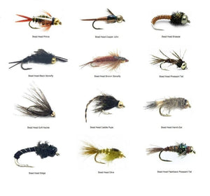 Fly Fishing Trout Flies - Bead Head Nymph Assortment - 72 Wet Flies in 12 Patterns - 3 Size Assortment 12,14,16 (2 of Each Size) - Feeder Creek