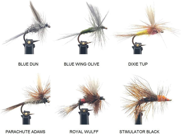 Feeder Creek Fly Fishing Assortment - 18 Dry Flies in 6 Patterns in Size14 with Fly Box (Adams, BWO, Wulff, Dun, and More)