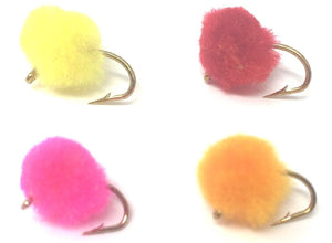 Fly Fishing Flies Trout Eggs Assortment - 12 Flies in Size 12 in Yellow, Pink, Orange, and Red - Feeder Creek
