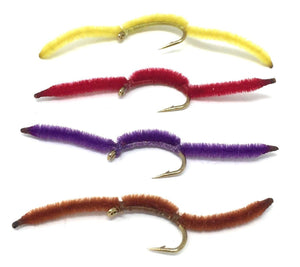 Feeder Creek San Juan Worm Fly Fishing Trout Flies Assortment by Purple/Red/Yellow/Brown - Wet Flies - Size 12,14,16,18 (3 of Each Size) - Floats Naturally and Great for Big Trout - Feeder Creek