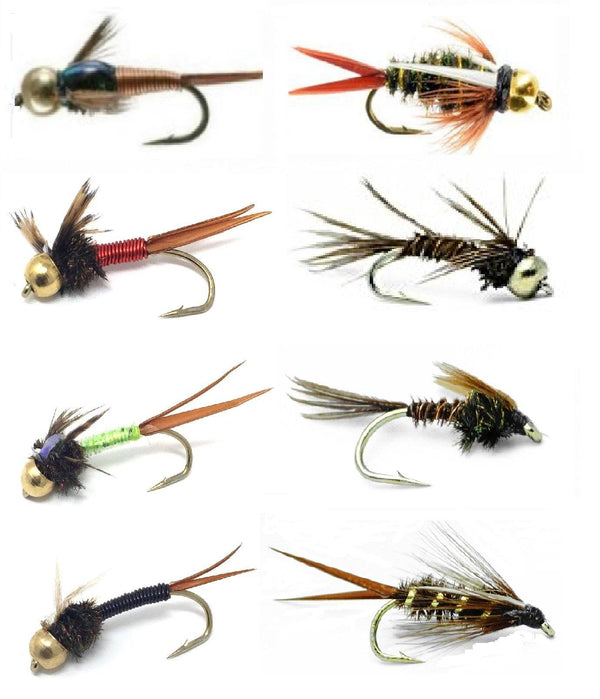 Feeder Creek Fly Fishing Lures for Big Trout - 16 Hand Tied Fishing Flies - 8 Patterns in Size 12 - Feeder Creek