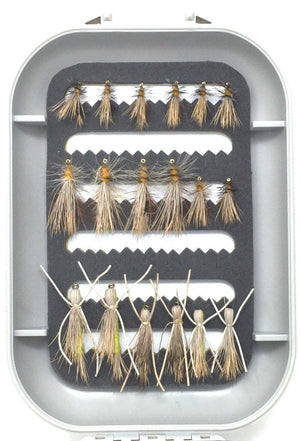Fly Fishing Flies with Box - 48 Dry Flies - 8 Patterns in 3 Sizes - Feeder Creek
