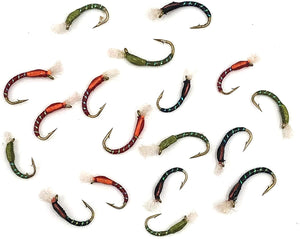 Feeder Creek Fly Fishing Flies 3D Glass CHIRONOMID Assortment for Trout and Other Freshwater Fish - 18 Flies in Olive, Red, and Black - Sizes 10, 12, 14