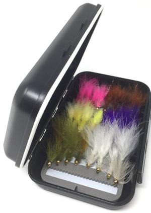 Fly Fishing Assortment - Bead Head Wooly Bugger - 24 Flies with Fly Box - 5 Color Variety - Feeder Creek