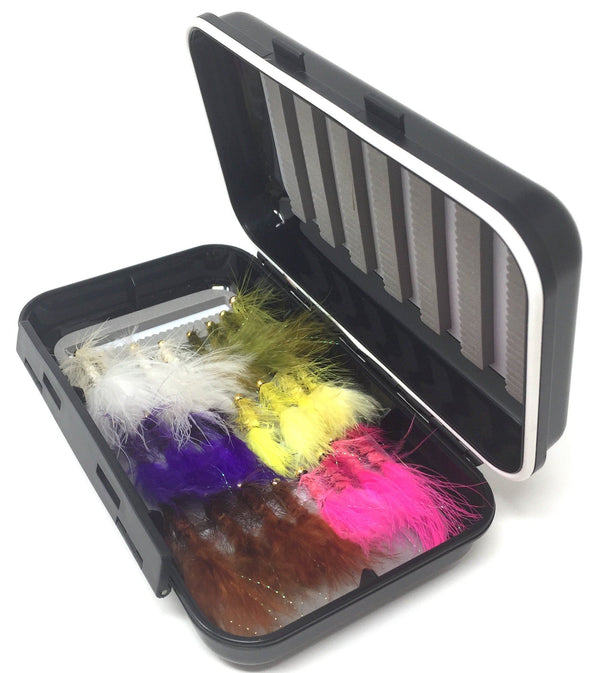 Fly Fishing Assortment - Bead Head Wooly Bugger - 24 Flies with Fly Box - 5 Color Variety - Feeder Creek