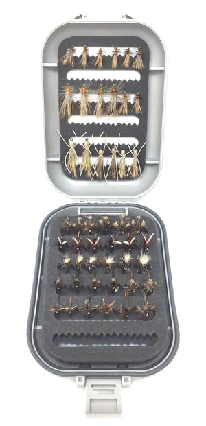 Fly Fishing Flies with Box - 48 Dry Flies - 8 Patterns in 3 Sizes - Feeder Creek