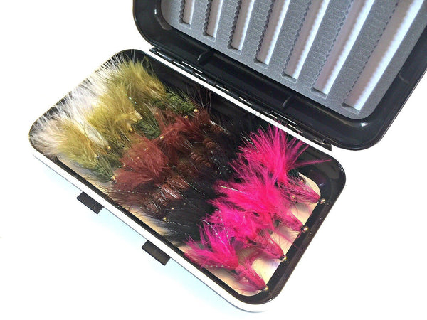 Fly Fishing Assortment - Bead Head Wooly Bugger - 36 Flies with Fly Box - 5 Color Variety - Feeder Creek