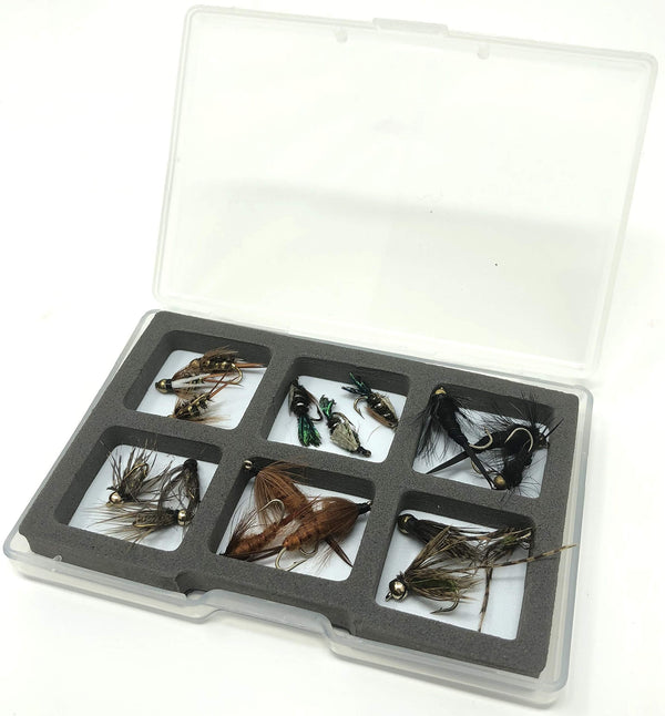 Fly Fishing Assortment - 18 Flies in 6 Patterns - Nymphs and Wets with Fly Box