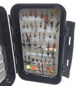 Feeder Creek Fly Fishing Assortment - Wet, Dry, and Streamer Flies - 25 Patterns and 50 and Fly Box - Feeder Creek