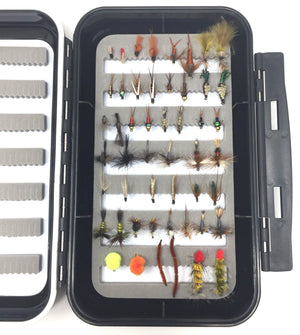 Feeder Creek Fly Fishing Assortment - Wet, Dry, and Streamer Flies - 25 Patterns and 50 and Fly Box - Feeder Creek