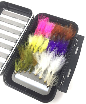 Fly Fishing Assortment - Bead Head Wooly Bugger - 24 Flies with Fly Box - 5 Color Variety - Feeder Creek