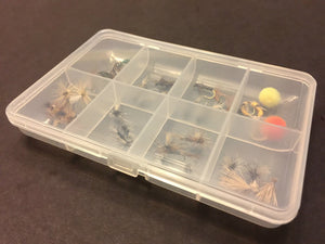 Feeder Creek Fly Fishing Flies with Pocket Size Fly Box - Wet and Dry Variety 32 Flies - 16 Patterns - Feeder Creek