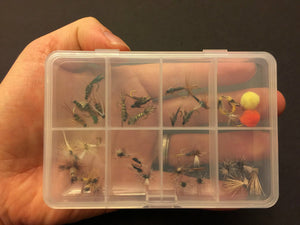 Feeder Creek Fly Fishing Flies with Pocket Size Fly Box - Wet and Dry Variety 32 Flies - 16 Patterns - Feeder Creek
